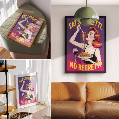 Wandposter Een kleurrijke vrouw eet spaghetti met wijn.