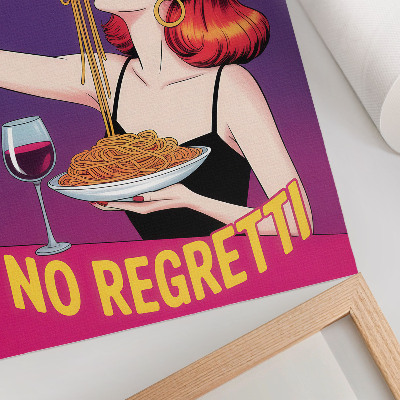 Wandposter Een kleurrijke vrouw eet spaghetti met wijn.