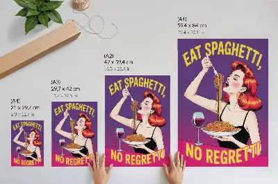 Wandposter een kleurrijke vrouw die spaghetti met wijn eet