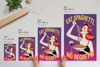 Wandposter Een kleurrijke vrouw eet spaghetti met wijn.