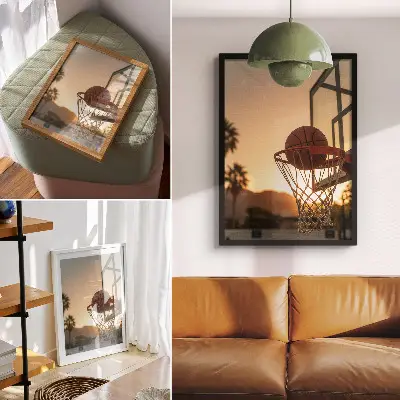 Wandposter energieke zonsondergang met basketbal