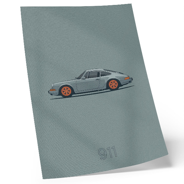 Poster Klassieke auto met oranje velgen en een grijze achtergrond.