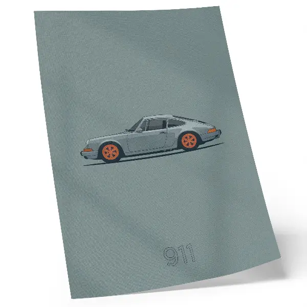 Poster klassieke auto met oranje velgen op een grijze achtergrond