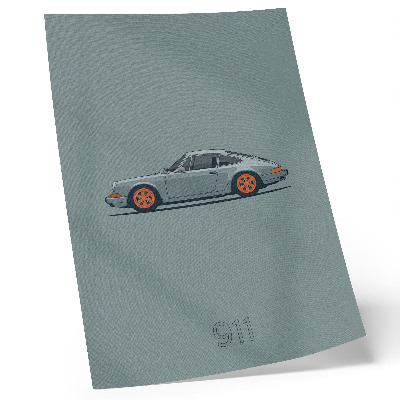 Poster Klassieke auto met oranje velgen en een grijze achtergrond.