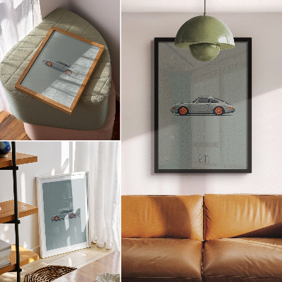 Poster Klassieke auto met oranje velgen en een grijze achtergrond.