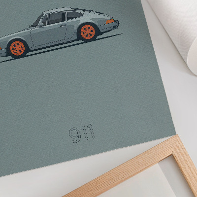 Poster Klassieke auto met oranje velgen en een grijze achtergrond.
