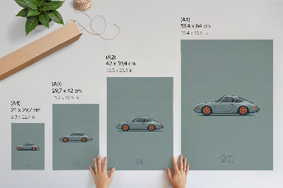 Poster Klassieke auto met oranje velgen en een grijze achtergrond.