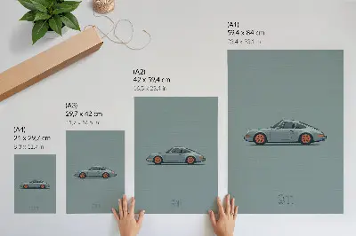 Poster klassieke auto met oranje velgen op een grijze achtergrond
