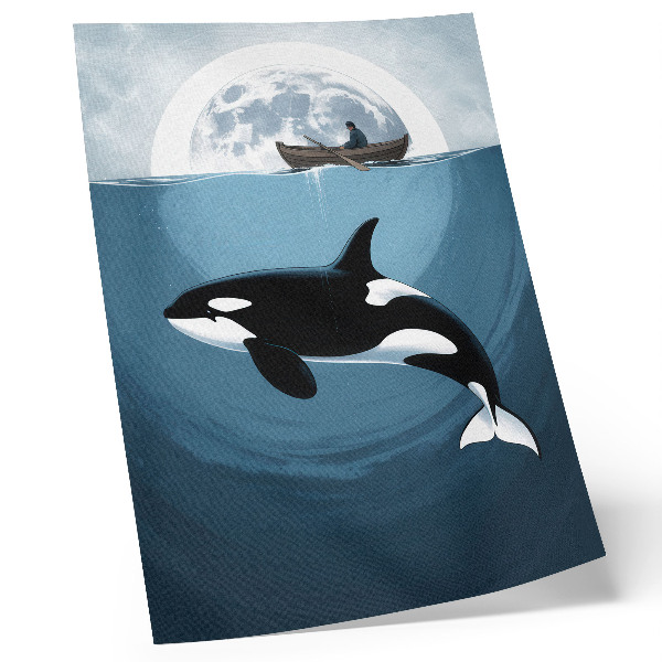 Wandposter Orka onder water, figuur op een boot, maan op de achtergrond