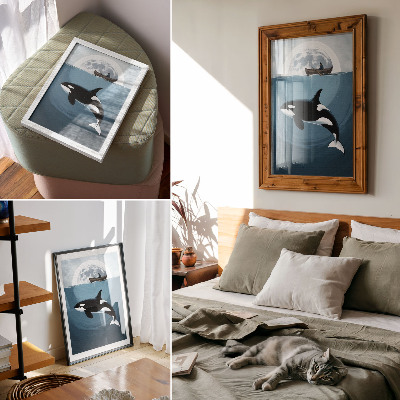 Wandposter Orka onder water, figuur op een boot, maan op de achtergrond