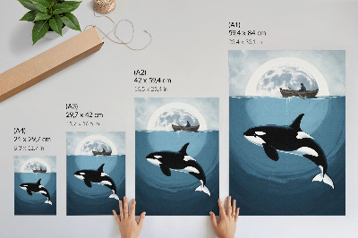 Wandposter Orka onder water, figuur op een boot, maan op de achtergrond