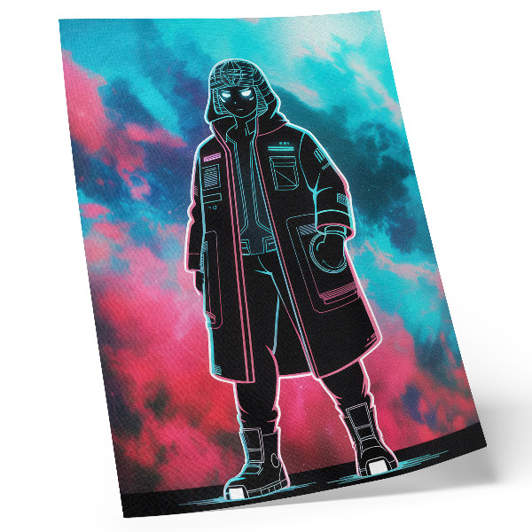 Poster Een futuristische figuur tegen een hemel in felle kleuren.