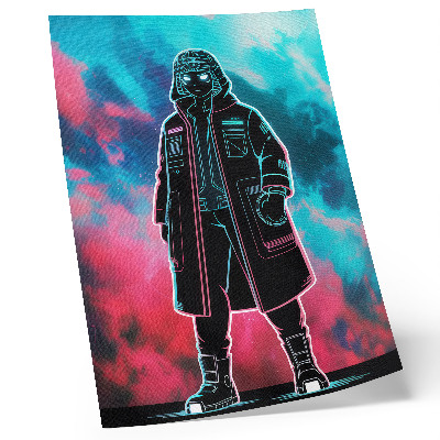 Poster Een futuristische figuur tegen een hemel in felle kleuren.