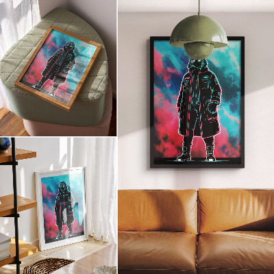 Poster Een futuristische figuur tegen een hemel in felle kleuren.