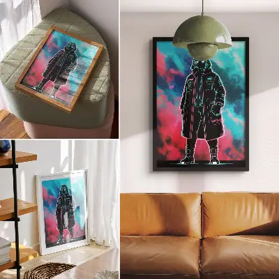 Poster futuristische figuur tegen een hemel in felle kleuren