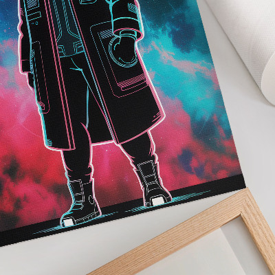 Poster Een futuristische figuur tegen een hemel in felle kleuren.
