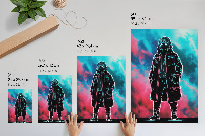 Poster Een futuristische figuur tegen een hemel in felle kleuren.