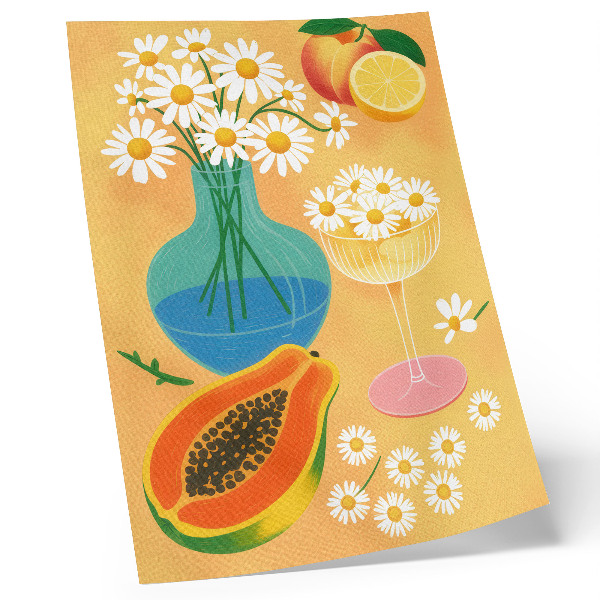 Wandposter Sappige vruchten, kleurrijke madeliefjes, illustratieve stijl