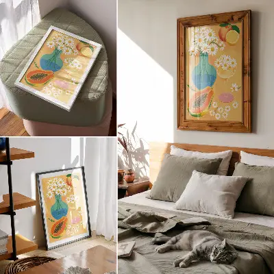 Wandposter met sappige vruchten en kleurrijke madeliefjes in illustratieve stijl