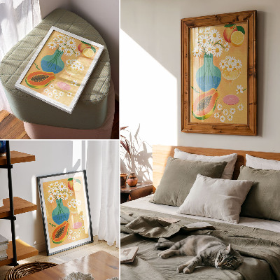 Wandposter Sappige vruchten, kleurrijke madeliefjes, illustratieve stijl