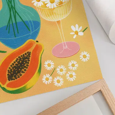 Wandposter met sappige vruchten en kleurrijke madeliefjes in illustratieve stijl
