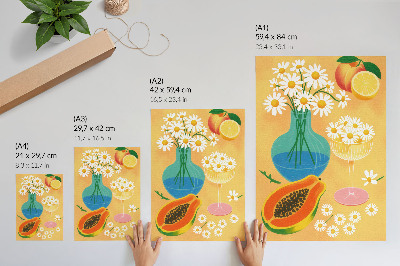 Wandposter Sappige vruchten, kleurrijke madeliefjes, illustratieve stijl
