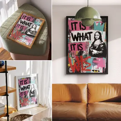 Poster energieke graffiti met klassiek icoon en tekstcontrast