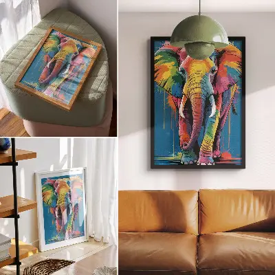 Decoratieve poster kleurrijke olifant met intense, contrasterende kleuren