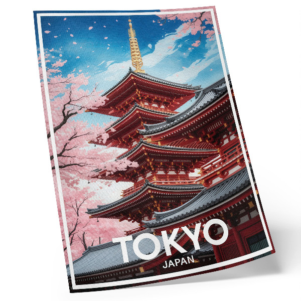 Wandposter Pagode-architectuur Roze bloemen Harmonie