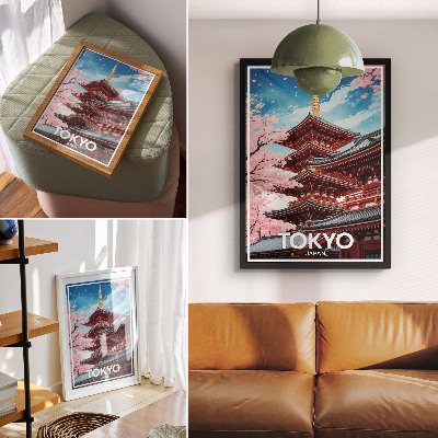 Wandposter Pagode-architectuur Roze bloemen Harmonie