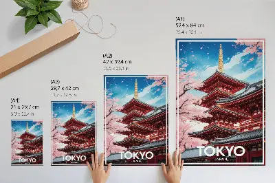Wandposter met pagode-architectuur en roze bloemen in harmonie