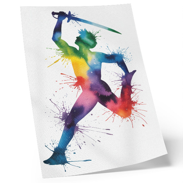 Poster Een figuur in felle kleuren met een zwaard.