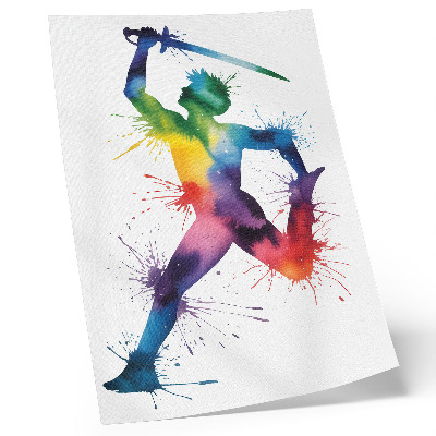 Poster Een figuur in felle kleuren met een zwaard.