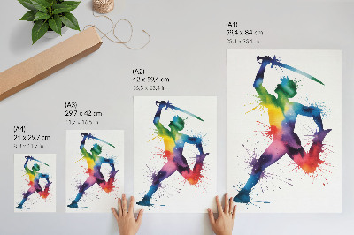 Poster Een figuur in felle kleuren met een zwaard.