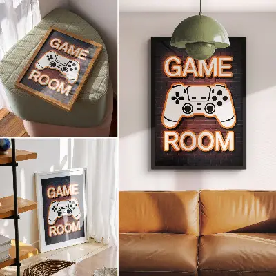 Decoratieve poster met een neonreclamecontroller op een zwarte achtergrond