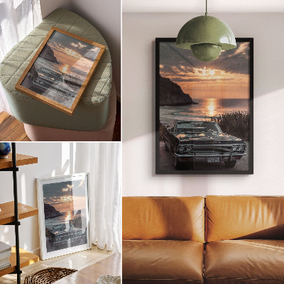 Decoratieve poster Retro auto zonsondergang zee nostalgisch