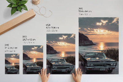 Decoratieve poster Retro auto zonsondergang zee nostalgisch