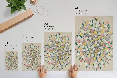 Wandposter kleurrijke bloemen en pastelkleurige bladeren met een frisse uitstraling