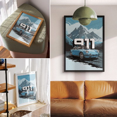 Poster Klassieke auto, bergachtergrond, grote letters