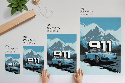 Poster Klassieke auto, bergachtergrond, grote letters