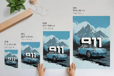 Poster klassieke auto met bergachtergrond en grote letters