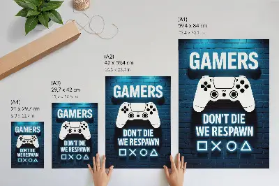 Decoratieve poster met blauwe bakstenen muur, witte bedieningselementen en letters