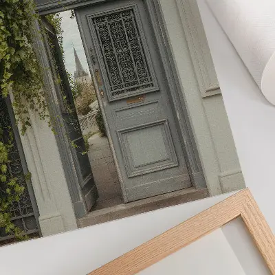 Wandposter antieke deur begroeid met klimop op een mysterieus pad