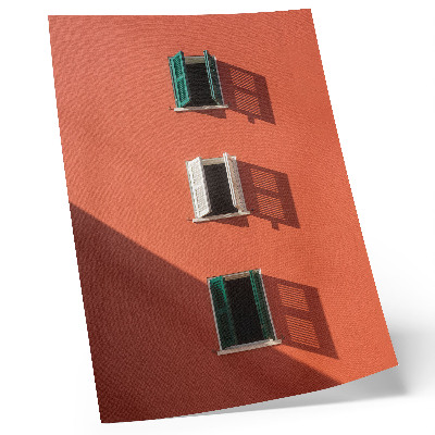 Poster Oranje muur, drie ramen, groene jaloezieën