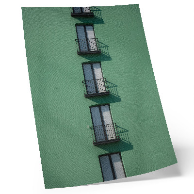Decoratieve poster Groene gevel, ramen, balkons, schaduwen, modern