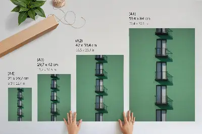 Decoratieve poster met een groene gevel met ramen, balkons en schaduwen in moderne stijl