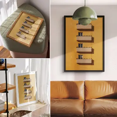 Wandposter gele gevel met vier balkons in een minimalistische compositie