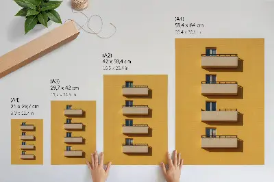 Wandposter gele gevel met vier balkons in een minimalistische compositie
