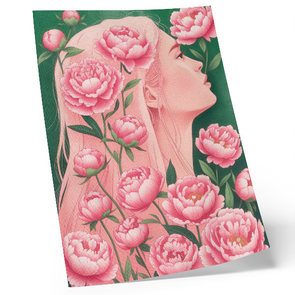 Poster Een vrouw te midden van roze pioenrozen tegen een groene achtergrond.