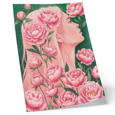 Poster vrouw te midden van roze pioenrozen tegen een groene achtergrond